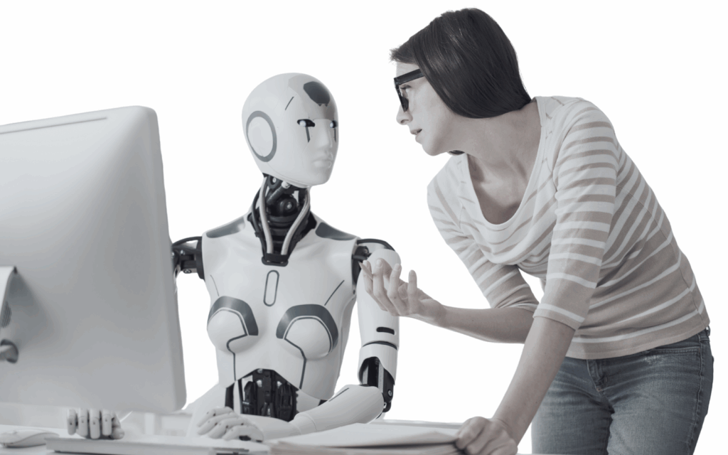 A woman and humanoid robot engaged in discussion at a desk, symbolizing human-AI collaboration in career planning.