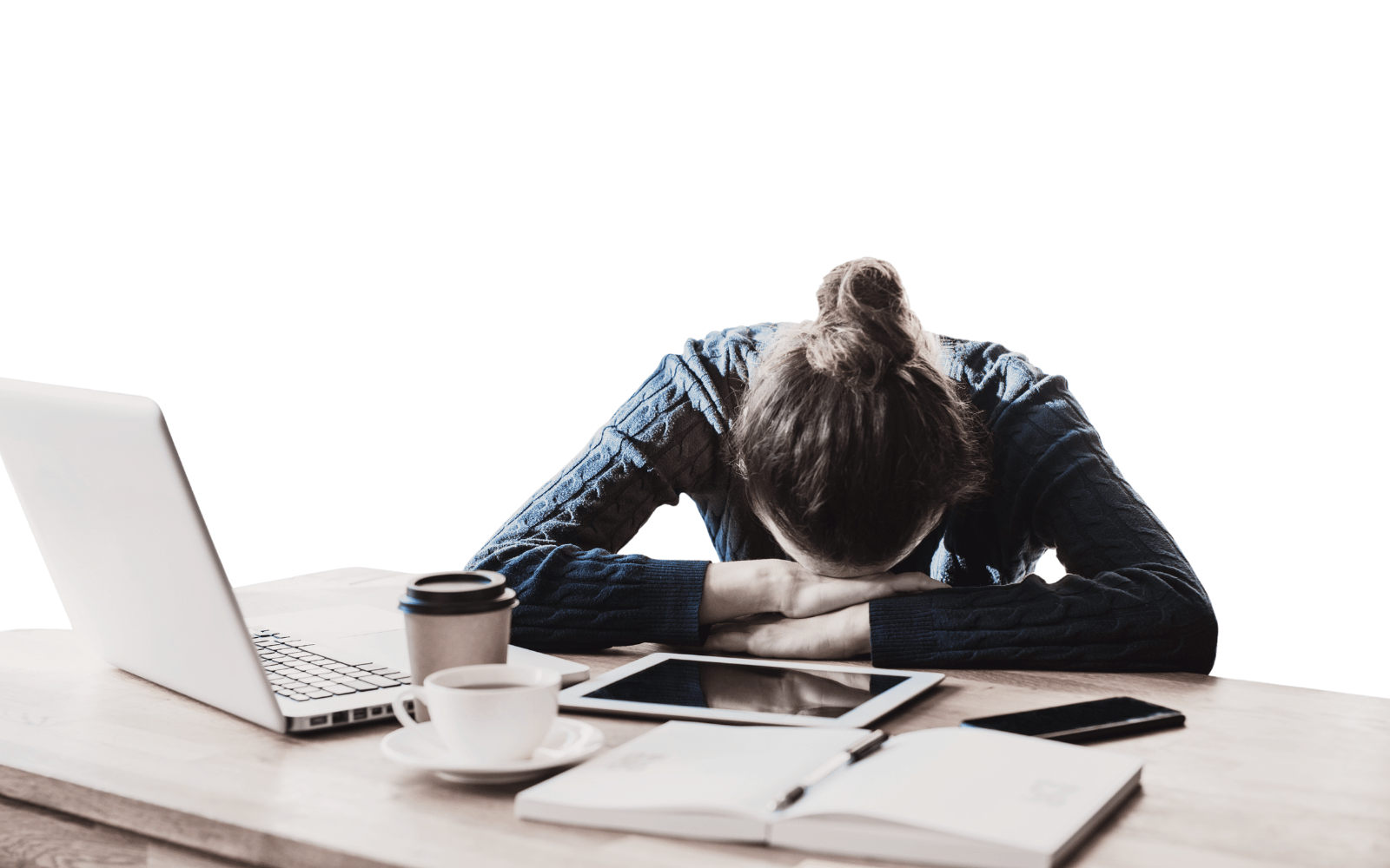 Exhausted employee with head down on desk surrounded by laptop, coffee cups, tablet, and smartphone, illustrating workplace burnout and change fatigue