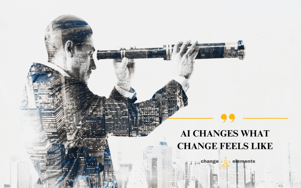 Professional looking through a telescope over a modern city skyline, symbolizing adaptability, foresight, and managing uncertainty in the AI era.